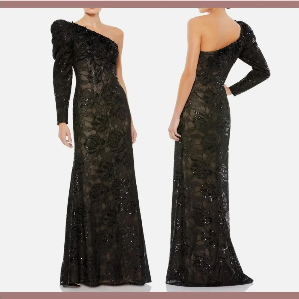 NWT $698 Mac Duggal [ 8 ] Embellished One Puff Sleeve Trumpet Gown in Black Q582